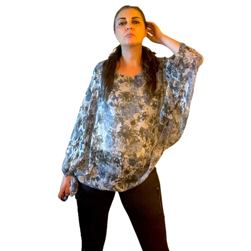 Ambra Blue Gray Silk Butterfly Blouse W/ Tank top